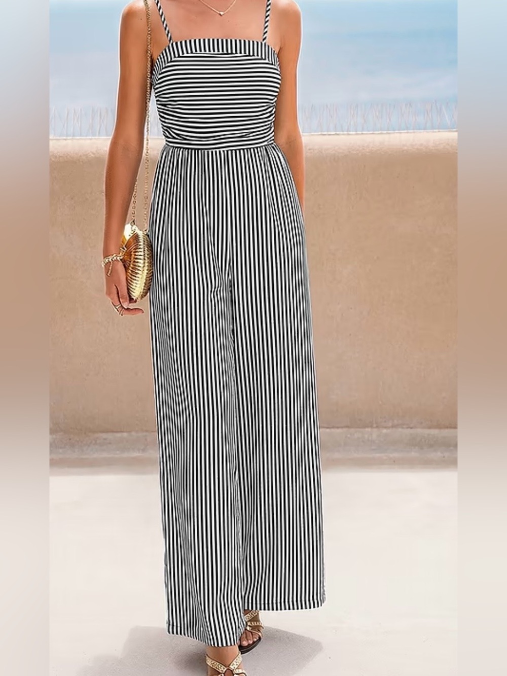 Black & White Vertical Striped Wide Leg Jumpsuit